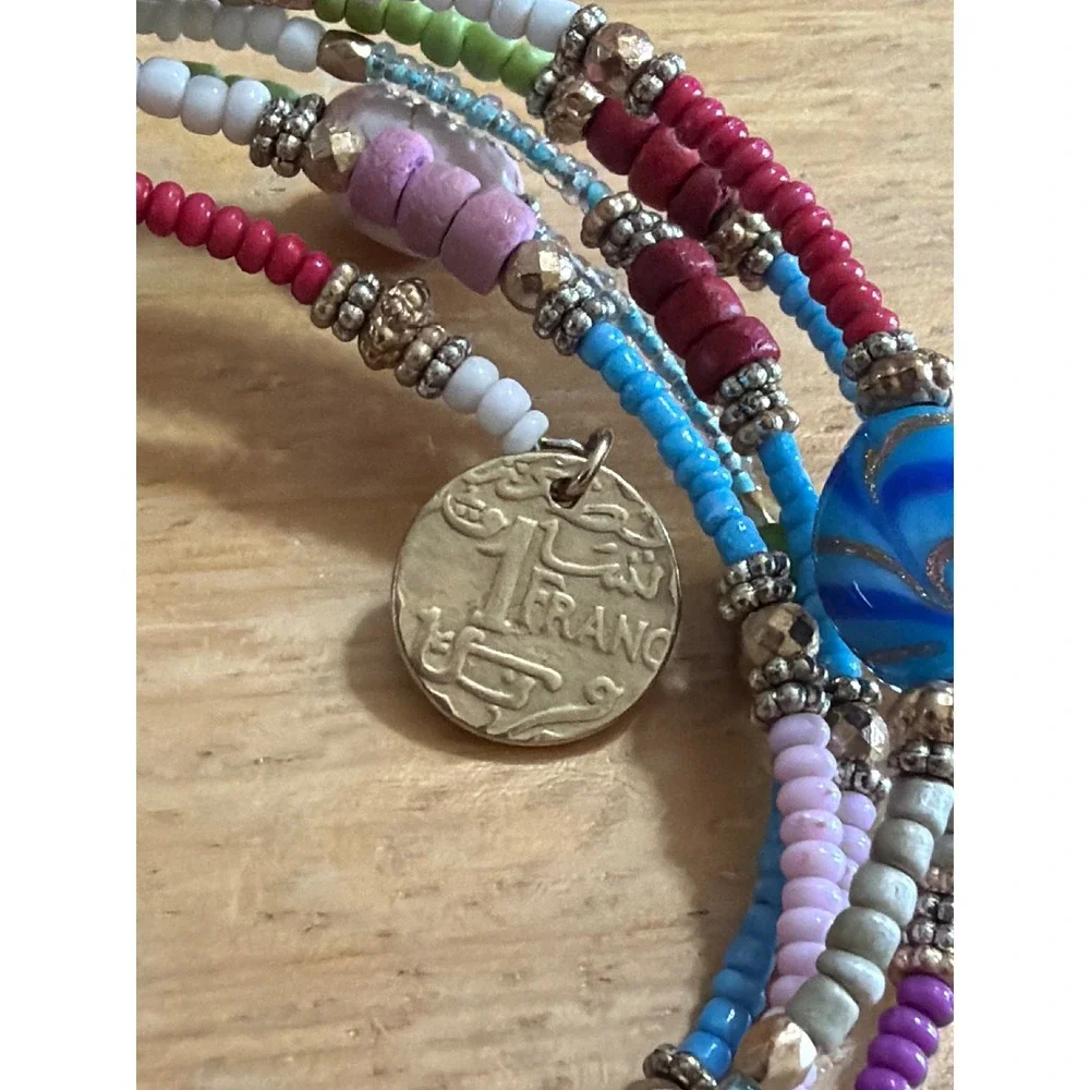 Boho Multi Strand Beaded Wrap Bracelet  Coin Charms Rainbow Eclectic Stack